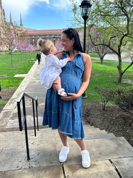 This summer denim dress from anthro is so cute. It’s not maternity but still so bump friendly- also I’m wearing a size small 