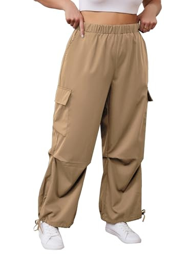 OYOANGLE Women's Plus Size Elastic High Waist Flap Pocket Cargo Pants Streetwear Loose Baggy Trou... | Amazon (US)