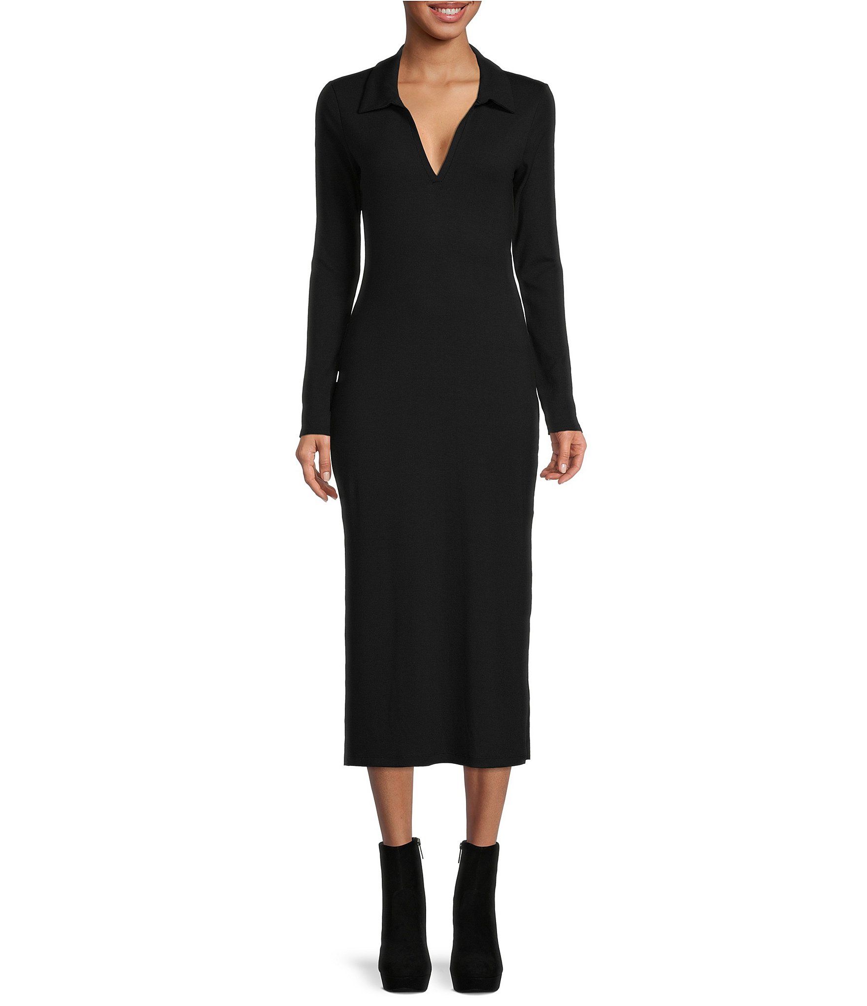 Polo Ribbed Knit Point Collar V-Neck Long Sleeve Sheath Midi Dress | Dillard's