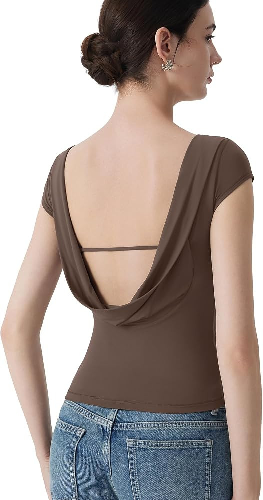 SUUKSESS Women Boat Neck Cowl Backless Top with Built in Bra Double Lined Cap Sleeve Tops Summer ... | Amazon (US)