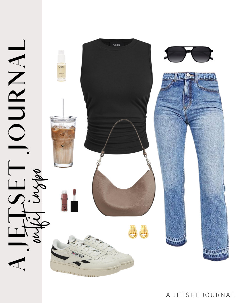 I always love a black tank top with straight-leg ankle jeans and sneakers. Aviator sunnies from SOJOS and a leather shoulder bag are a fantastic way to style this outfit. Complete your look with a pair of gold dangle earrings.


#LTKSeasonal #LTKSaleAlert #LTKTravel 

 