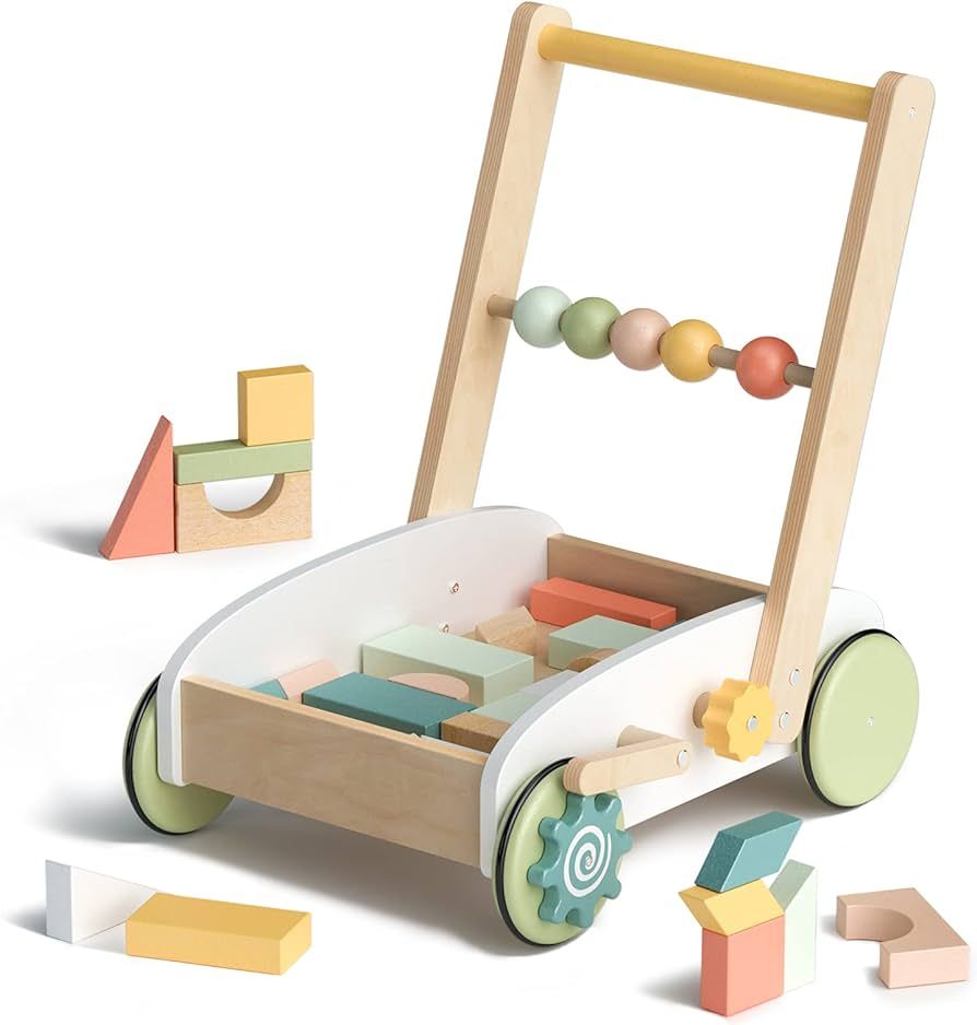 ROBUD Wooden Baby Walkers Push Toys for Babies Learning to Walk with Wheels Building Blocks Toddl... | Amazon (US)