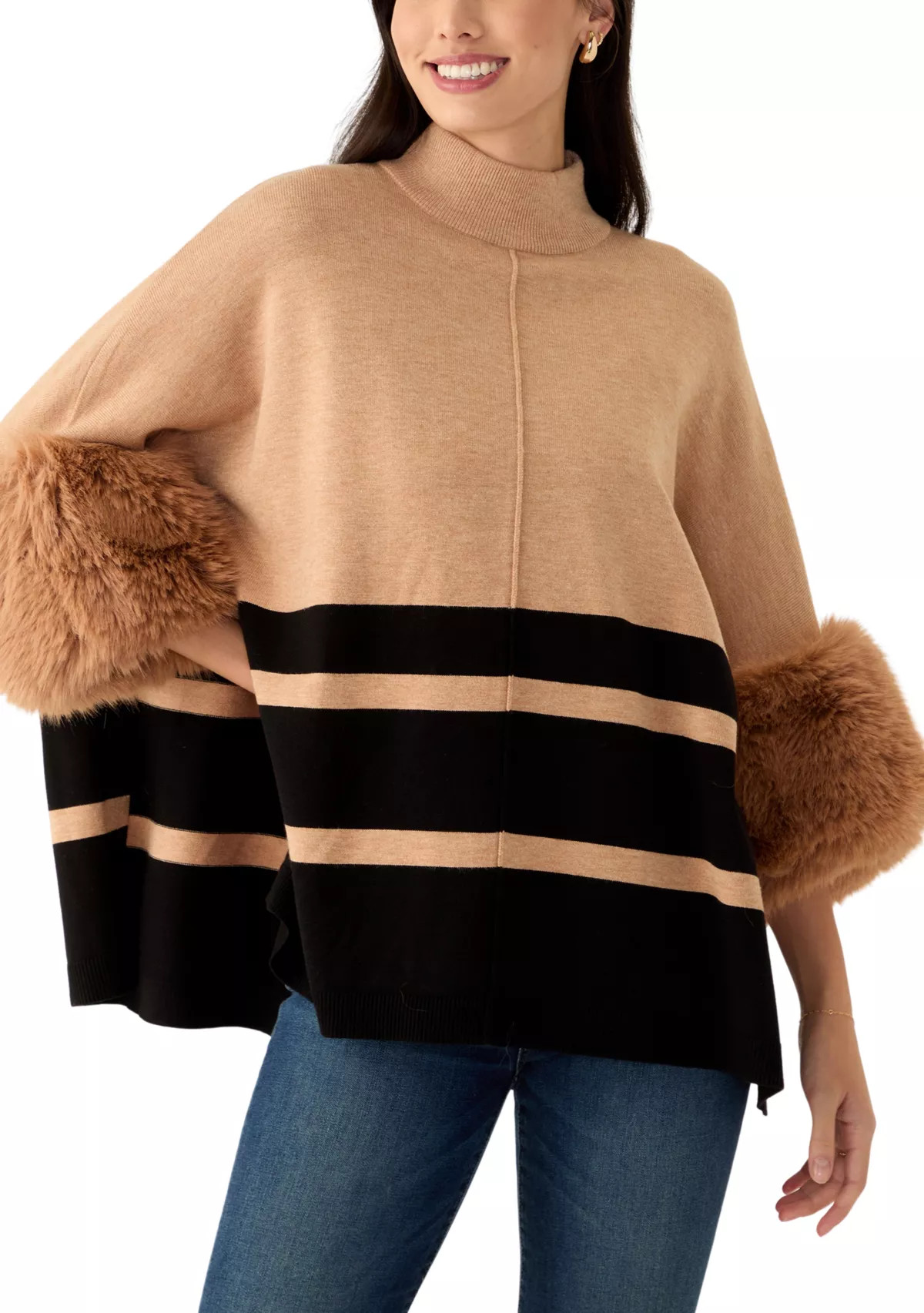 Women's Mock Neck Stripe Fur Cuff Poncho | Belk