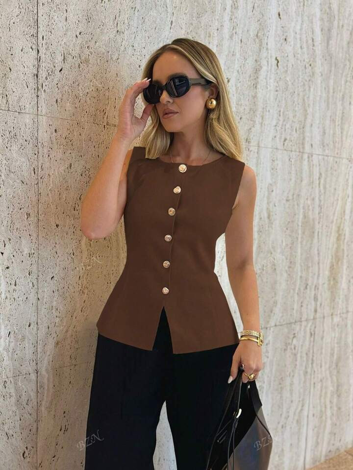 Vintage Chic Fashionable Elegant Metal Button Open Front Solid Color Sleeveless Round Crew Neck Business Jacket Work Waistcoat Slim Modest Minimalana Casual Top Tank Knit Vest Sweater For Women | SHEIN