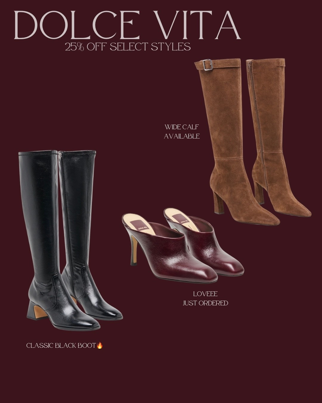 There’s a 25% off code at Dolce Vita right now! Use code “WEEKEND” to save on select products. I grabbed those stunning burgundy mules & can’t wait to wear them this fall. Also included a few new arrivals that aren’t on sale, but I still love.
