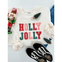 Holly Jolly Christmas Embroidered Sweatshirt | Premium Heavyweight Oversized Vintage Crewneck | Etsy (US)