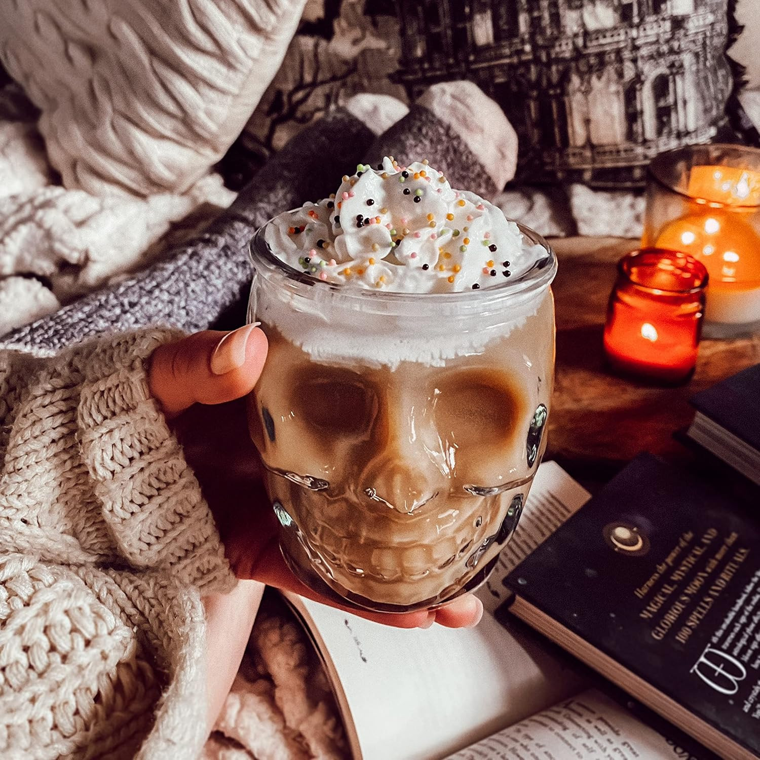 Amazon.com | Sugar Skull Glass Tumblers - Set of 6 Creepy Drinking Cups -15 oz, Gothic Kitchen De... | Amazon (US)