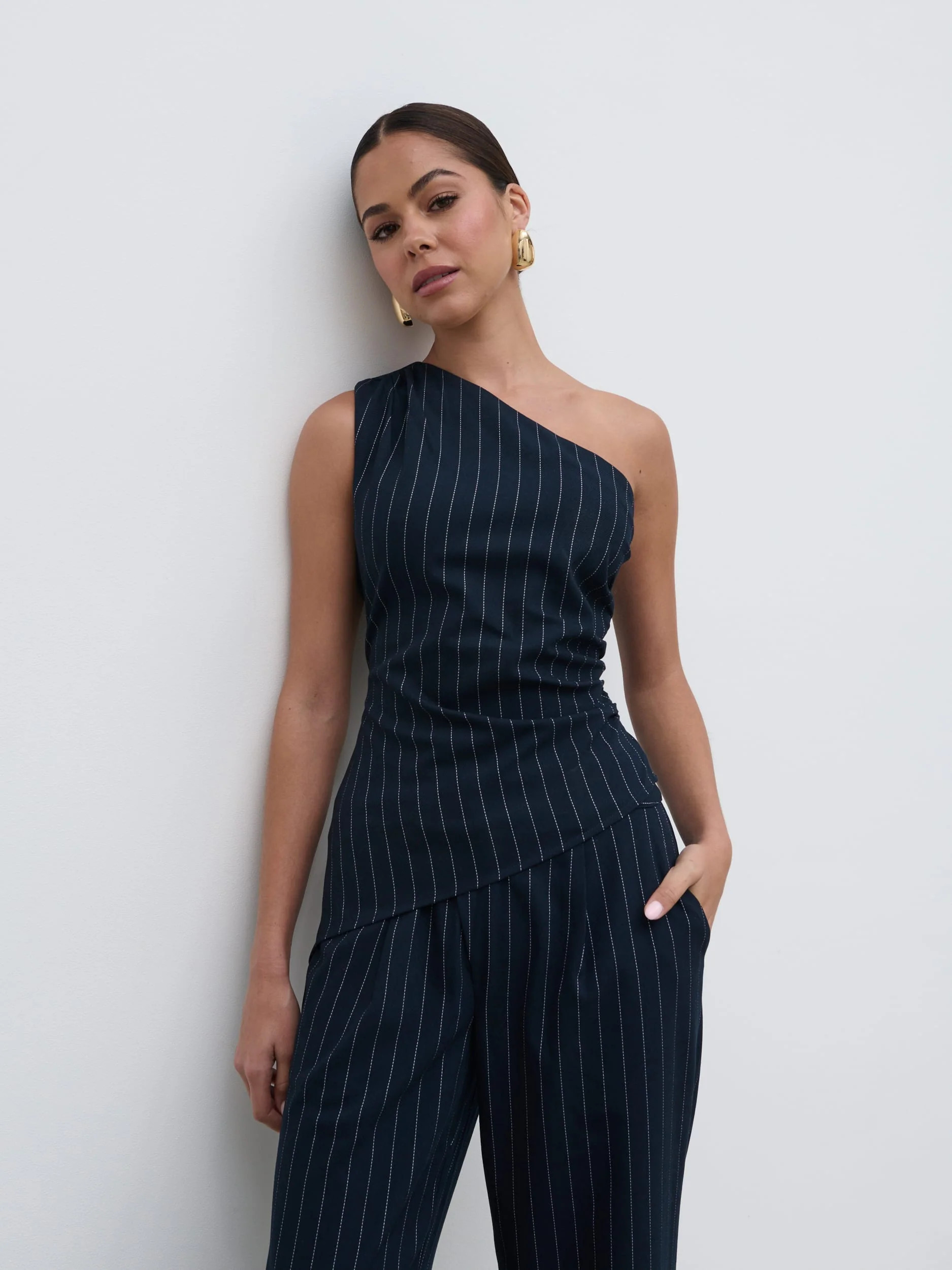 Lorna One Shoulder Ruched Pinstripe Top | Pretty Lavish (UK)