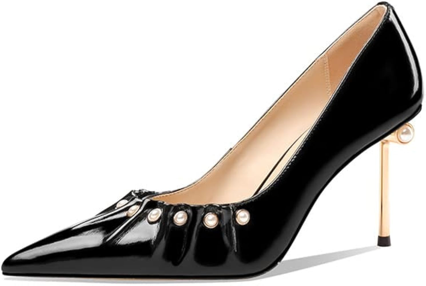CAOJJ Women's Pointed Toe Patent Leather Stilettos Metal Plated Heel Studs Pearl Trim Pumps Solid... | Amazon (US)