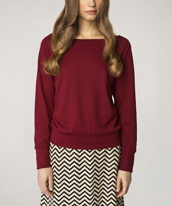 NIFE Women's Pullover Sweaters maroon - Maroon Banded-Hem Boatneck Sweater - Women | Zulily