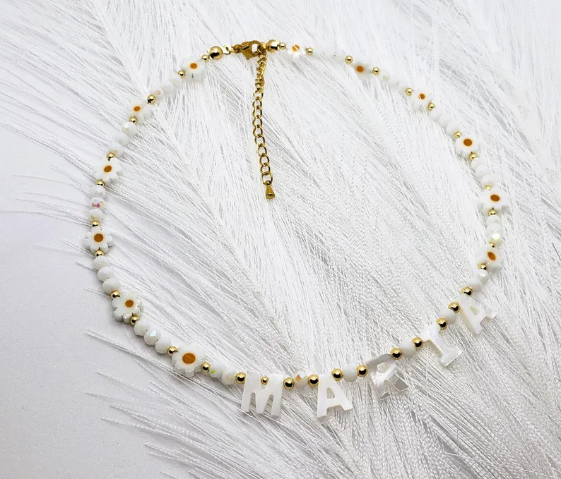 Handmade Necklace With Name, Toddler Flower Name Necklace With Mother of Pearl Letter Necklace, N... | Etsy (US)