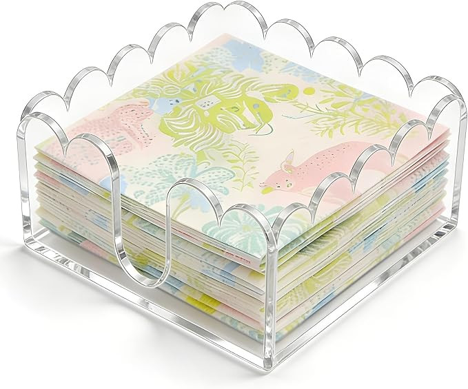 Scalloped Acrylic Napkin Holder - Clear Square Cocktail Napkin Holder for Table, Chic Wavy Edge P... | Amazon (US)