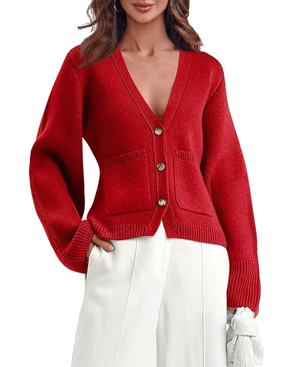 Saodimallsu Womens Deep V Neck Cardigan Sweaters Open Front Button Down Long Sleeve Cropped Knit ... | Amazon (US)