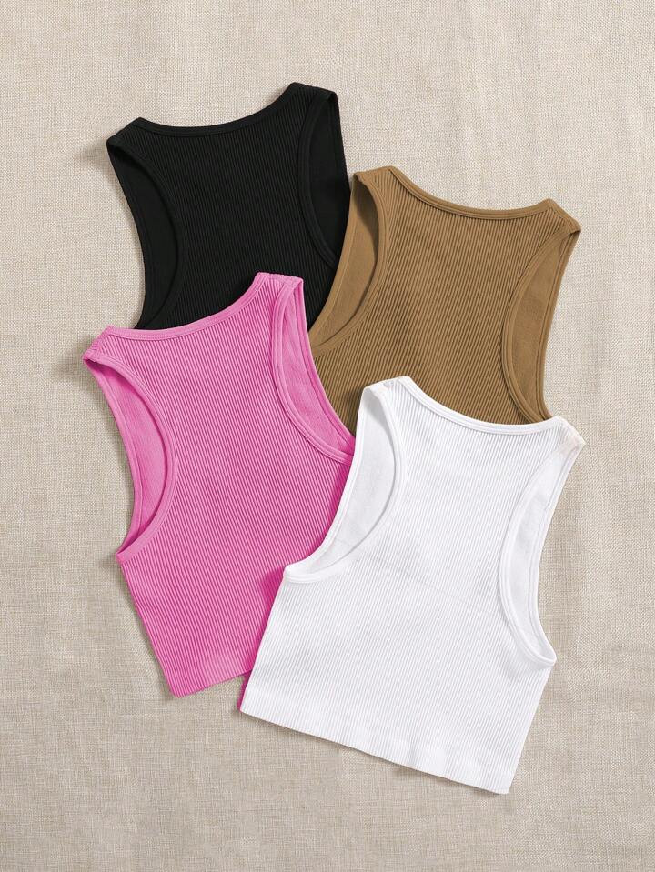 4pcs Solid Ribbed Knit Sports Tank Top | SHEIN