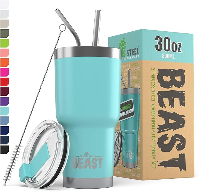 BEAST 30oz Teal Blue Tumbler - Stainless Steel Insulated Coffee Cup with Lid, 2 Straws, Brush & G... | Amazon (US)