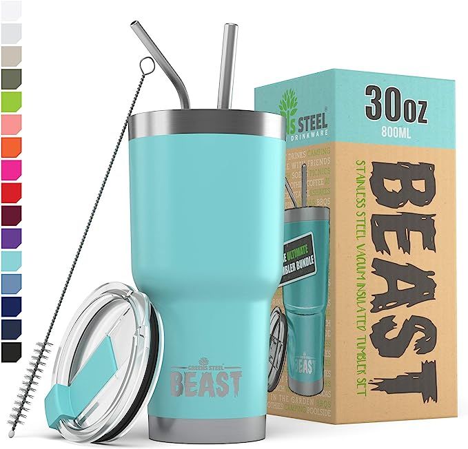 BEAST 30oz Teal Blue Tumbler - Stainless Steel Insulated Coffee Cup with Lid, 2 Straws, Brush & G... | Amazon (US)