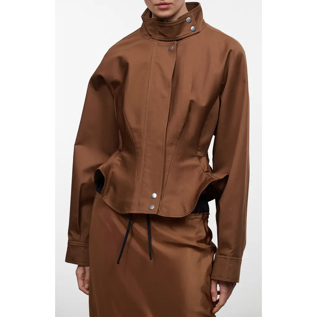 STAUD Archie Cotton Utility Leather Trim Jacket in Cigar at Nordstrom, Size Medium | Nordstrom