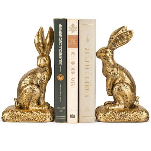 MXARLTR Rabbit Bookends, Decorative Bunny Book Ends for Shelves, Unique Rabbit Figurine Bookends, Heavy Resin Book Holder for Bookshelf Home Office Nursery Decor (Gold) | Amazon (US)