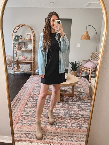 Walmart outfit idea! Time and tru sweater dress. Denim shacket. Chelsea boots

**sizing:
 shacket- small, I sized up one
Dress- small, I sized up one but wish I had a Medium. It’s just a little tighter and shorter than I like.
Boots- 8, I sized down a half size since they don’t come in half sizes. 

#LTKFind #LTKunder50 #LTKSeasonal
