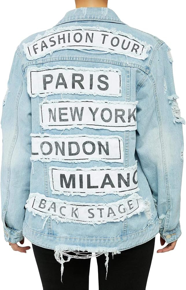Women's Letter Patchwork Long Sleeve Ripped Jean Jacket Sexy V Neck Loose Printed Distressed Deni... | Amazon (US)