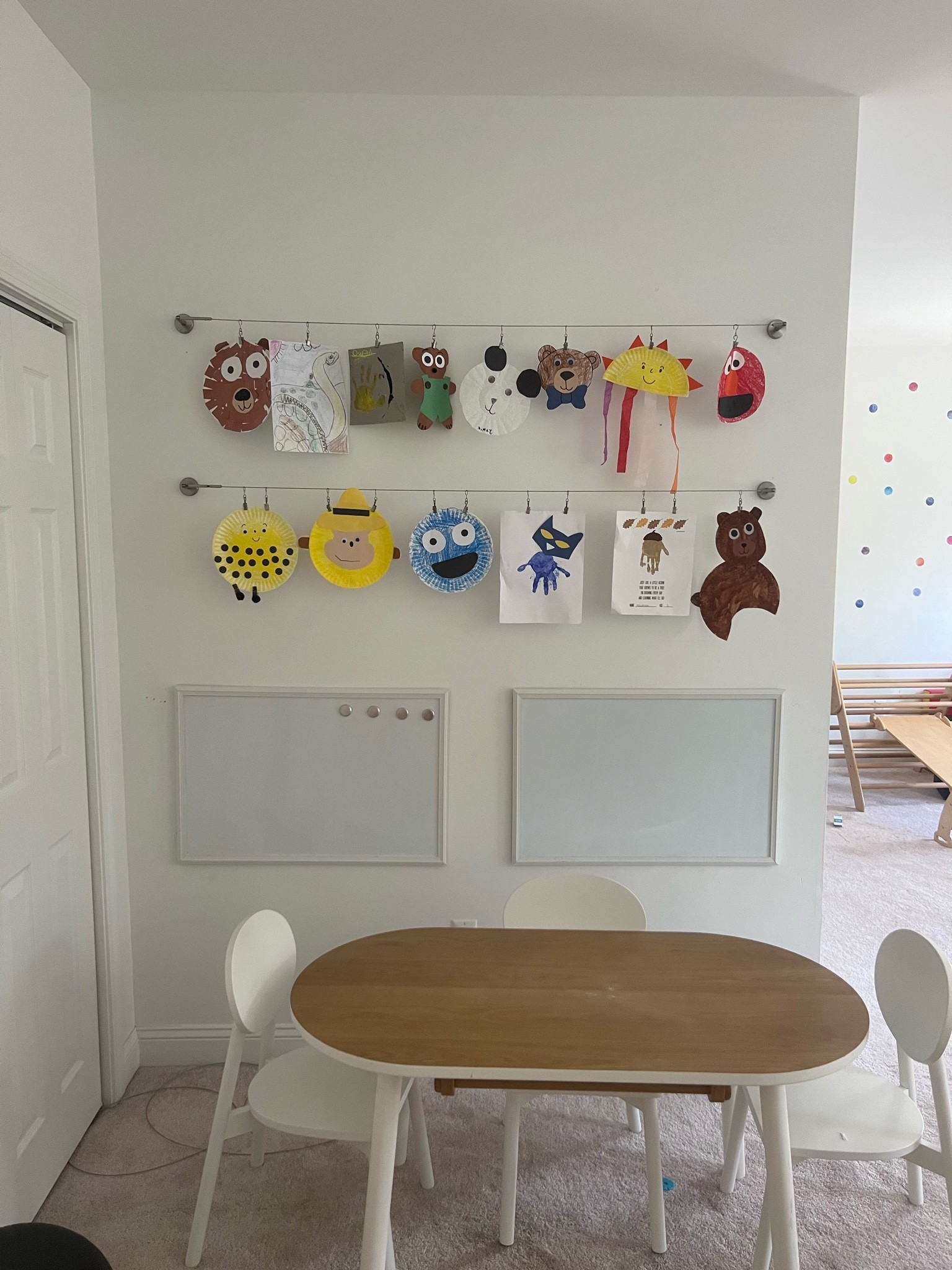 These wire curtain hangers from ikea are perfect for hanging art projects! I added two white boards which work great with crayons ultra washable markers. This table is from Crate and Kids and fits perfectly in our art corner  

#LTKfamily #LTKkids #LTKhome