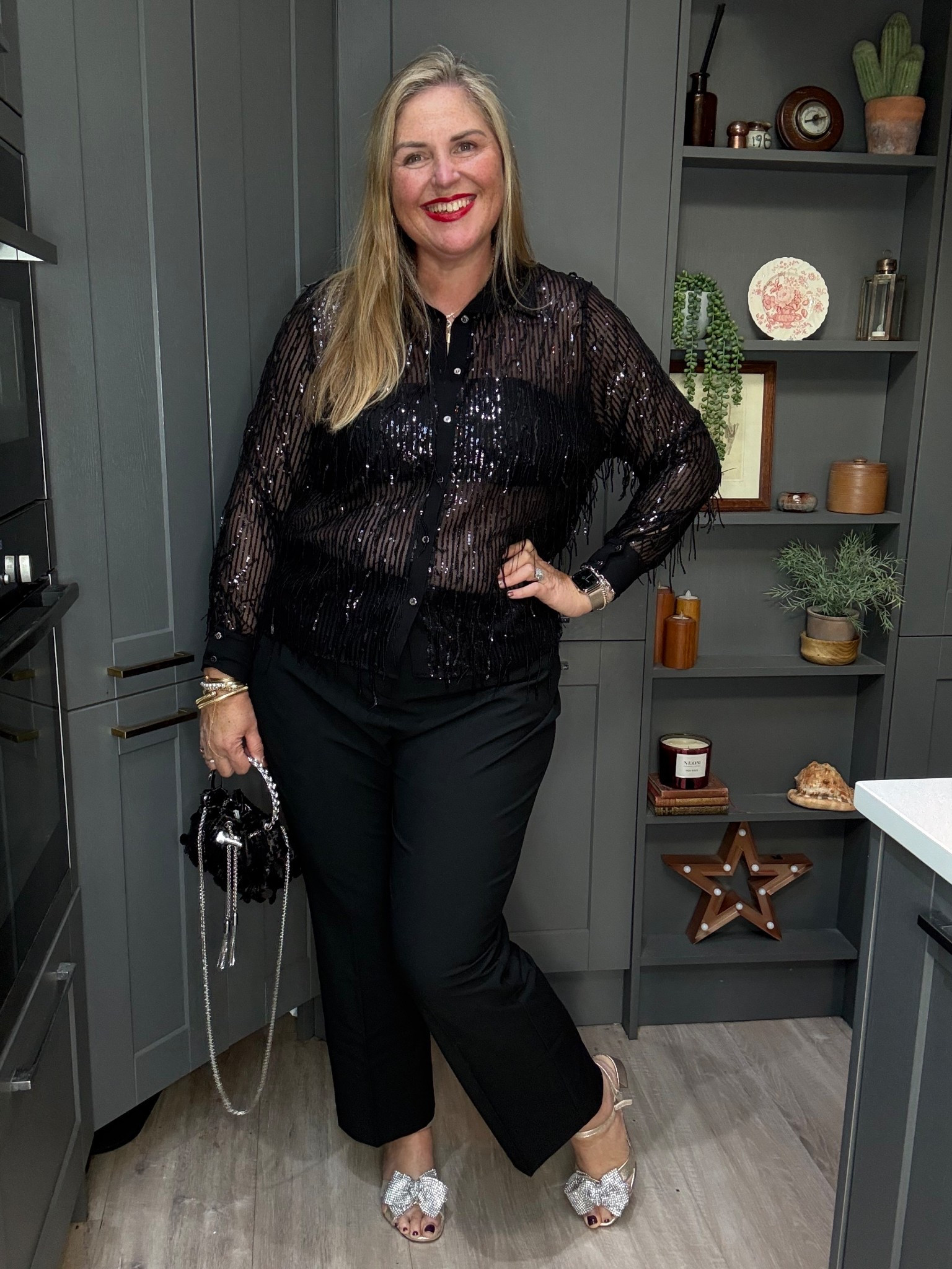 Fringe sequin black shirt, black trousers, gold heels, sequin bag 

#LTKpartywear #LTKfestive #LTKplussize