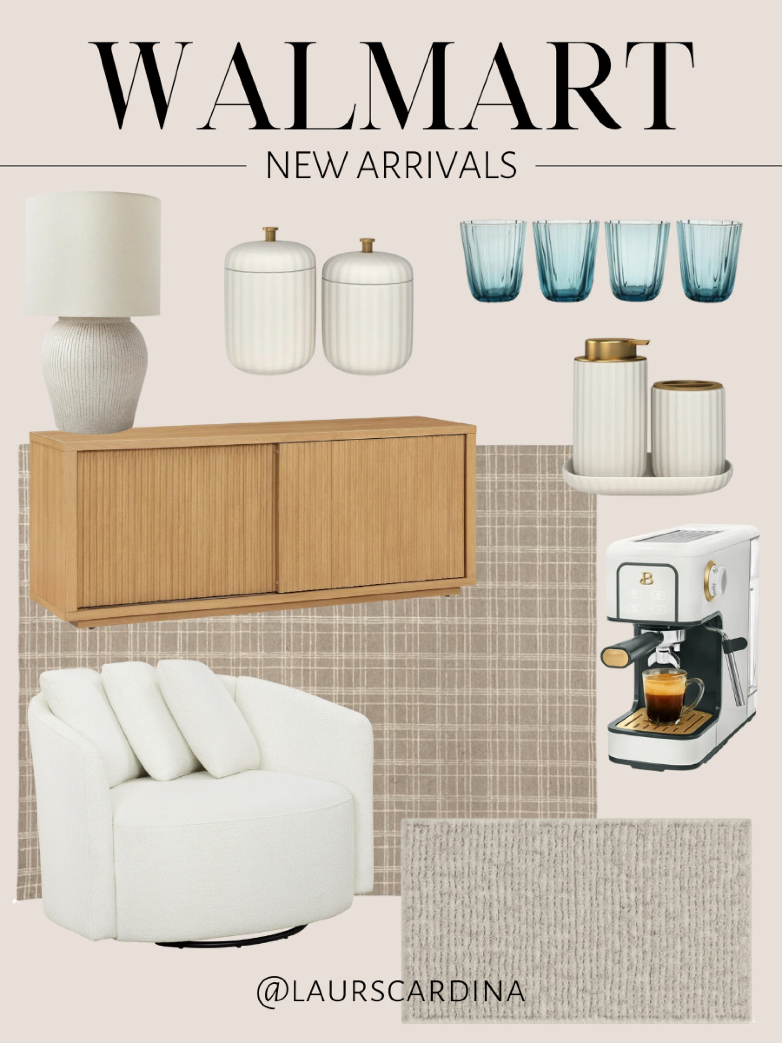 New home arrivals from Walmart include an area rug, swivel chair, TV stand, lamp, canisters, glasses, soap dispenser, espresso maker, and bath rug.

Walmart home, home decor, living room decor, kitchen decor

#LTKFindsUnder50 #LTKHome #LTKStyleTip
