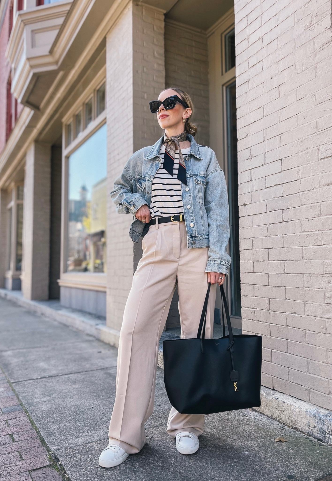 Spring outfit, wide leg trousers, striped tee, denim jacket, Gucci silk scarf, white sneakers, YSL tote bag 

#LTKitbag #LTKSeasonal #LTKunder50