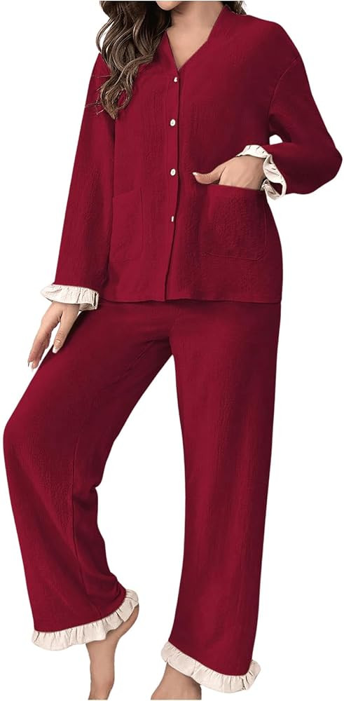 Verdusa Women's 2 Piece Pajama Sets Button Down Ruffle Color Block Loungewear Sets V Neck Long Sl... | Amazon (US)