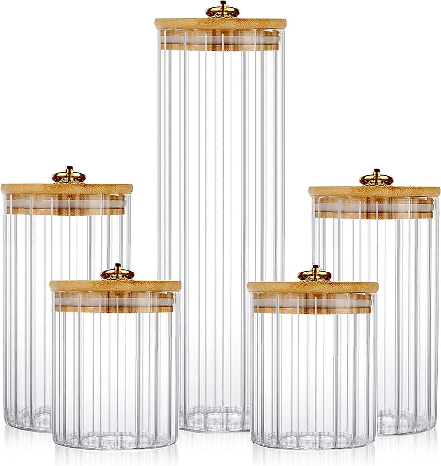 Glass Storage Jars Set of 5, Decorative Coffee Bar Container with Airtight Bamboo Lid Metal Ring ... | Amazon (US)