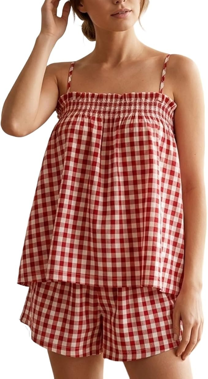 Women Gingham Two Piece Set Sleeveless Babydoll Tank Top and Plaid Shorts Pajama Set Sleepwear Y2... | Amazon (US)