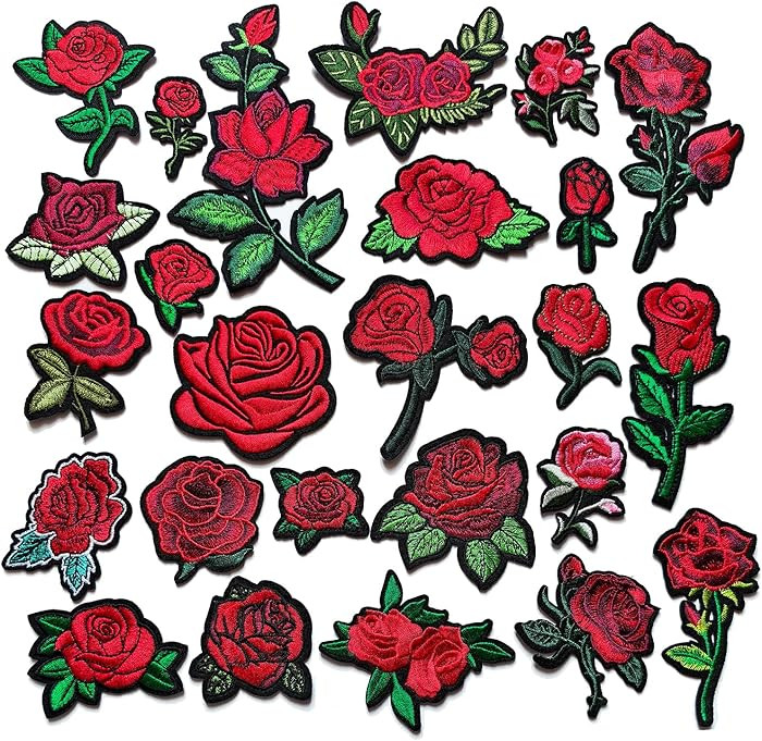 25pcs Rose Iron on Patches, Assorted Sizes Red Floral Embroidered Patches Applique for Clothes Ha... | Amazon (US)