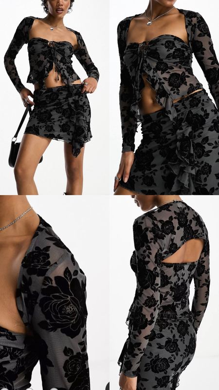 Foral co-ord set. Black skirt and long sleeve top, velvet black floral print. Sisters of the Tribe velvet devore shrug in black. Under £35. Asos outfit idea. On sale! Affordable fashion.  Wardrobe staple. Timeless. Gift guide idea for her. Luxury, elegant, clean aesthetic, chic look, feminine fashion, trendy look, brunch, date night, event, spring. 

#LTKsalealert #LTKparties #LTKfindsunder50