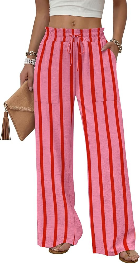 WIHOLL Women's Wide Leg Pants with Pockets Drawstring Loose Trousers Business Work Pants Summer B... | Amazon (US)