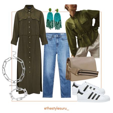 Spring style🌸 A shirt dress and straight leg jeans are 2 pieces you cannot do without in your wardrobe in terms of versatility. The olive green dress and this oversized jacket are stunning and I’m already thinking up outfits that I can style with them👌🏽 and just look at those earrings❤️❤️❤️❤️ The trainers are my go-to, they also come in white and I promise you will never find a pair as comfy and cool as these. 
Appreciate you here, Sharon 💕xx

#LTKeurope #LTKstyletip #LTKFind