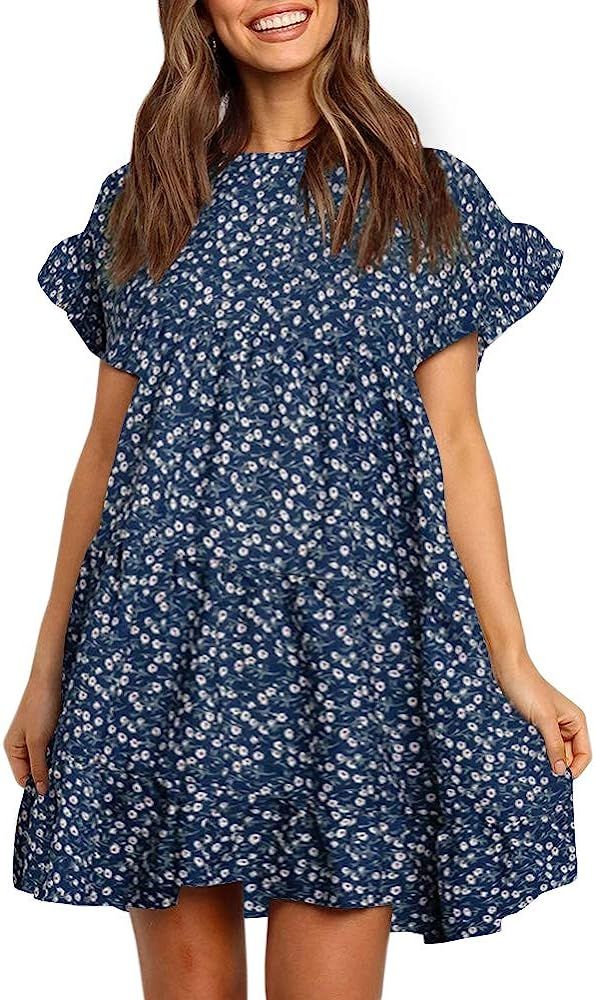Womens Boho Floral Printed Babydoll Ruffles Casual Loose Short Mini T-Shirt Dress | Amazon (US)