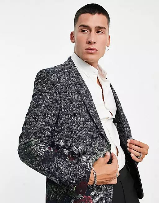 Twisted Tailor suit set in navy jacquard with crane and floral border detail | ASOS | ASOS (Global)