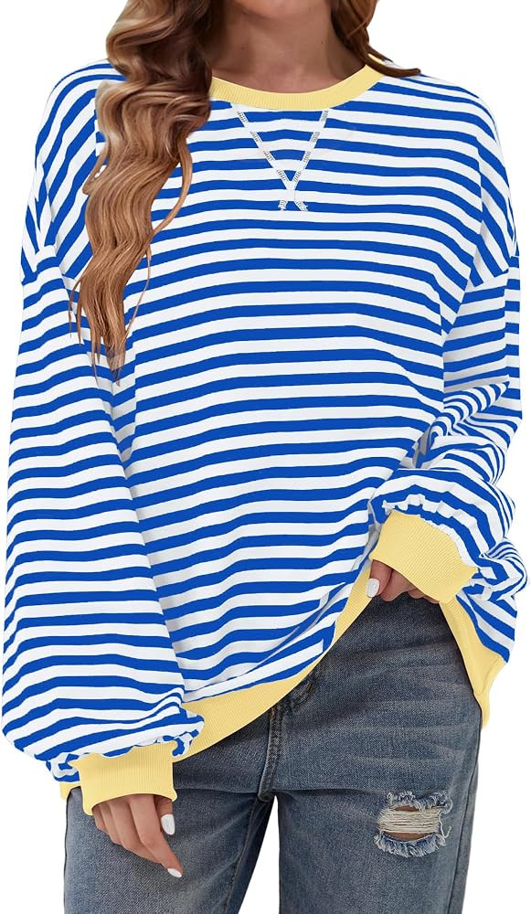 Womens Classic Striped Oversized Swaetshirt Long Sleeve Crewneck Casual Loose Color Block Pullove... | Amazon (US)