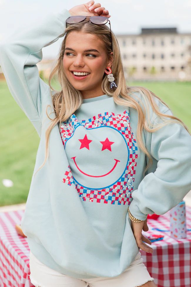 Multi Checkered Patriotic Smiley Light Blue Oversized Graphic Sweatshirt | Pink Lily