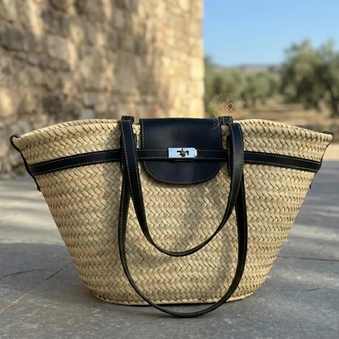Large Black Straw Bag With Leather Handles, French Basket Tote, Handmade Moroccan Market Bag, Chi... | Etsy (Global)