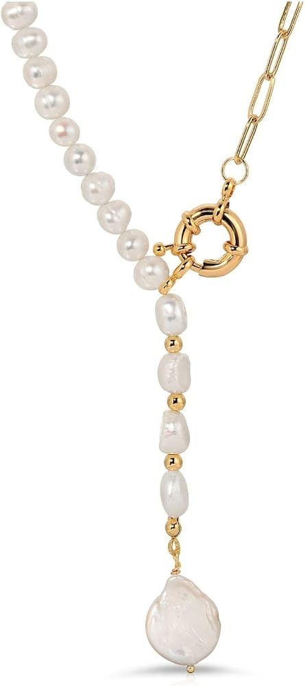 ONTHOLOGIE Pearl Necklace 18k Gold Vermeil Link Chain, Baroque Pearl and Freshwater Cultured Pear... | Amazon (US)