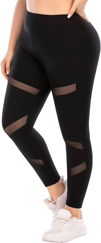 Plus Size Leggings, Black Mesh Yoga Pants for Women with Pockets High Waisted Tummy Control & Squ... | Amazon (US)