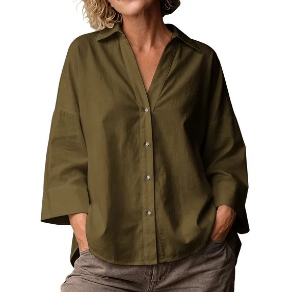 cocolona Button Down Oversized Shirts Loose 3/4 Sleeve Lapel Blouses Solid Color Casual Tops | Walmart (US)