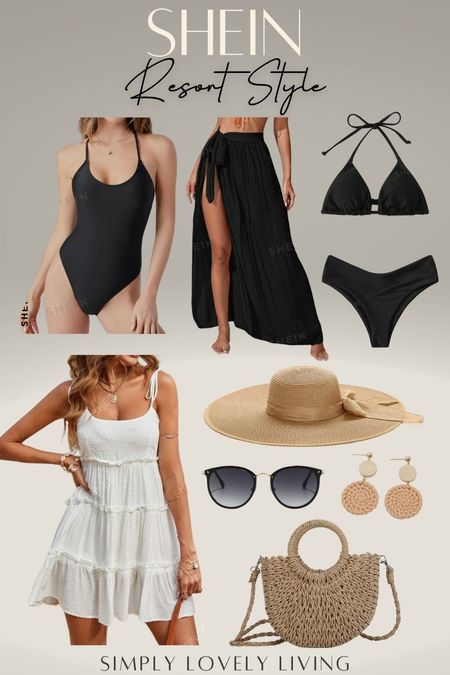 Shein Resort Style. Black bathing suit. Skirt cover up. Black bikini bottoms. Black bikini top. Beach hat. Beachy dress. Vacation dress. Sunglasses. Boho earrings. Beach hand bag. Beach purse. #LTKfind

#LTKfindsunder50 #LTKstyletip #LTKtravel