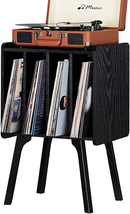 LELELINKY Small Record Player Stand - Width 11.7 in, Black Vinyl Record Storage Table with 4 Cabi... | Amazon (US)