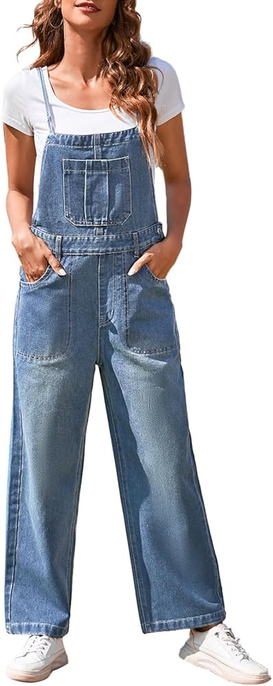 Pink Queen Women's Denim Bib Overalls Casual Loose Adjustable Straps Wide Legs High Waist Jean Pa... | Amazon (US)