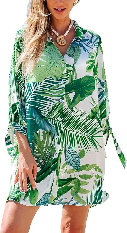 CUPSHE Women Floral Shirt Beach Cover Up Dress 3/4 Sleeve Cuff Tie Button Down Mini Summer Dresse... | Amazon (US)