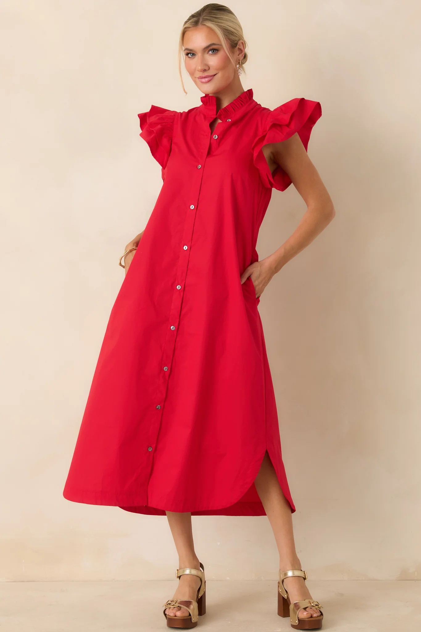 Exactly As Planned Red Cotton Ruffle Button Front Midi Dress | Red Dress