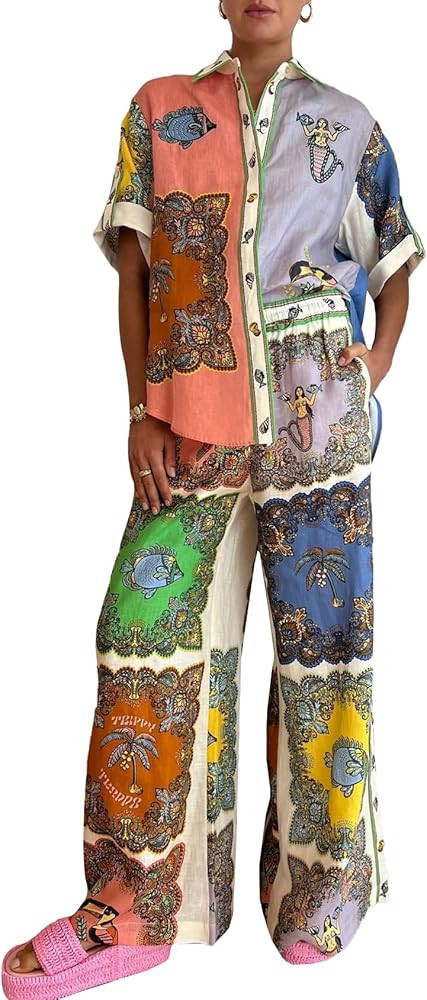 Womens 2 Pieces Linen Macthing Set Printed Boho Summer Sets Short Sleeve Tops Wide Leg Pants Set | Amazon (US)