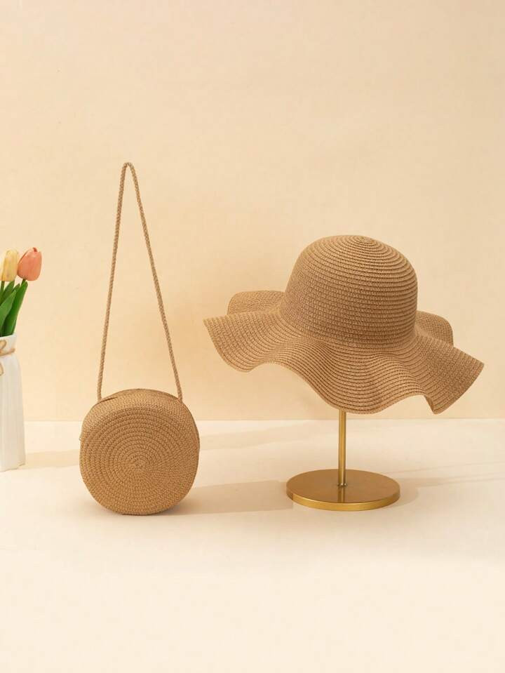Boho 2pcs/Set Women's Khaki Wavy Brim Beach Sun Hat And Large Round Straw Woven Crossbody Bag, Su... | SHEIN